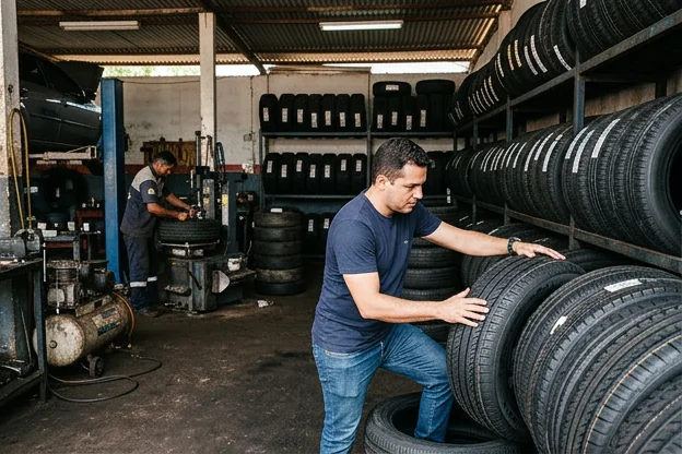 Cliente avaliando pneus na borracharia.