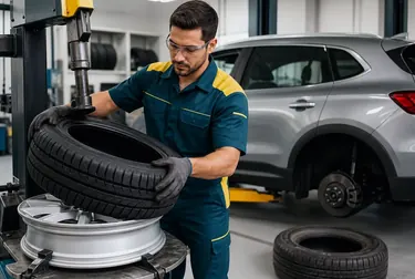 Mecânico realizando a troca de pneus em uma borracharia.