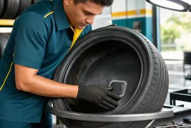 Profissional consertando pneus utilizando ferramentas em uma borracharia.
